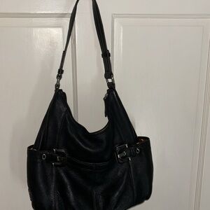 EUC Tignanello black purse silver buckles Working zippers~ 14” 14” 6”